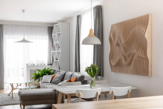 parametrická dřevěná stěna v obývacím pokoji